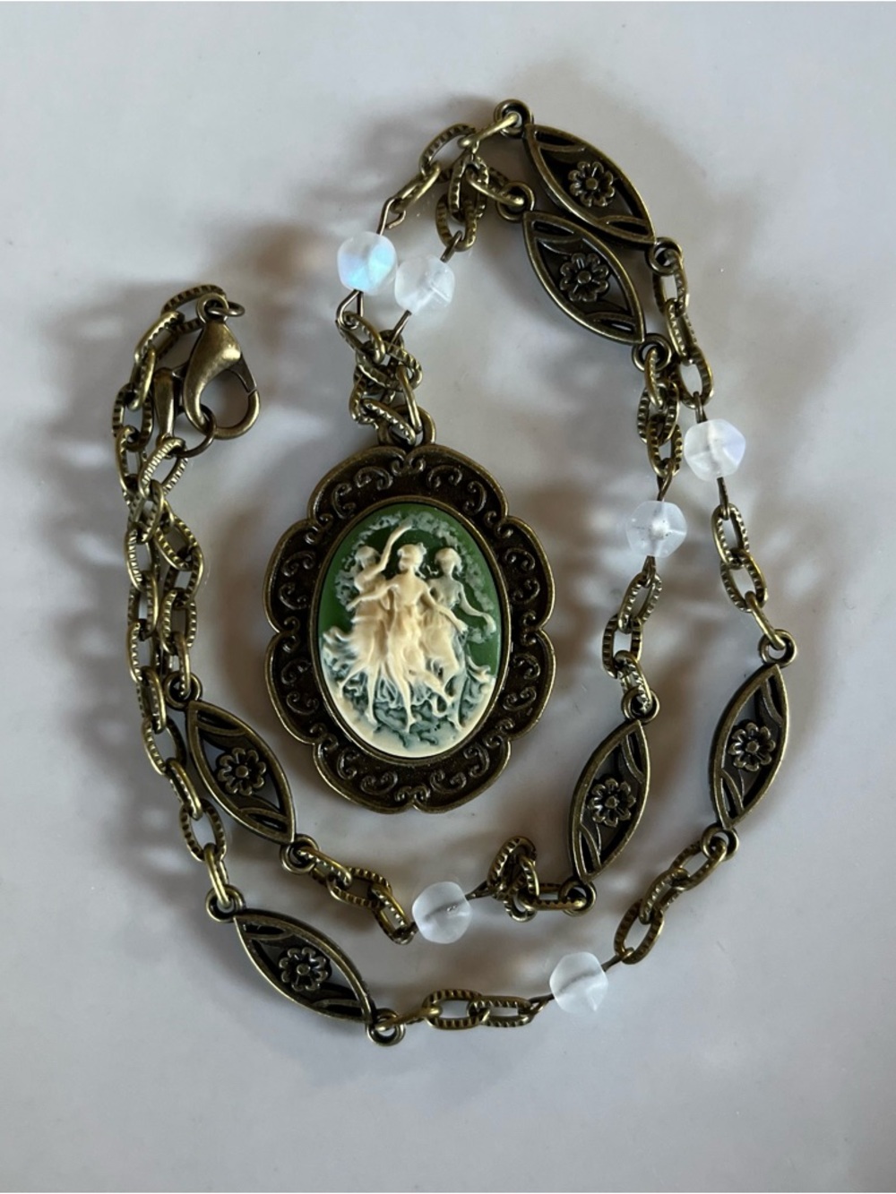 Three Graces Muses Wedgwood Sage Green Vintage Cameo Necklace